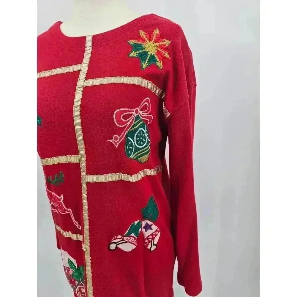 Chrysantheme Women's S Red Christmas Ornament Holiday Long Sleeve Shirt - Picture 2 of 8